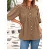imagePRETTYGARDEN Womens 2025 Summer Short Lantern Sleeve Tops Loose Fit Button Down Shirt Pleated V Neck Blouses Trendy ClothesLight Khaki