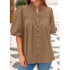 imagePRETTYGARDEN Womens 2025 Summer Short Lantern Sleeve Tops Loose Fit Button Down Shirt Pleated V Neck Blouses Trendy ClothesLight Khaki
