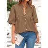 imagePRETTYGARDEN Womens 2025 Summer Short Lantern Sleeve Tops Loose Fit Button Down Shirt Pleated V Neck Blouses Trendy ClothesLight Khaki