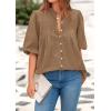 imagePRETTYGARDEN Womens 2025 Summer Short Lantern Sleeve Tops Loose Fit Button Down Shirt Pleated V Neck Blouses Trendy ClothesLight Khaki