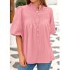 imagePRETTYGARDEN Womens 2025 Summer Short Lantern Sleeve Tops Loose Fit Button Down Shirt Pleated V Neck Blouses Trendy ClothesPink