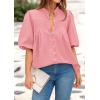 imagePRETTYGARDEN Womens 2025 Summer Short Lantern Sleeve Tops Loose Fit Button Down Shirt Pleated V Neck Blouses Trendy ClothesPink