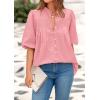 imagePRETTYGARDEN Womens 2025 Summer Short Lantern Sleeve Tops Loose Fit Button Down Shirt Pleated V Neck Blouses Trendy ClothesPink