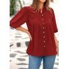 imagePRETTYGARDEN Womens 2025 Summer Short Lantern Sleeve Tops Loose Fit Button Down Shirt Pleated V Neck Blouses Trendy ClothesRed