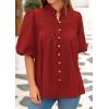 imagePRETTYGARDEN Womens 2025 Summer Short Lantern Sleeve Tops Loose Fit Button Down Shirt Pleated V Neck Blouses Trendy ClothesRed