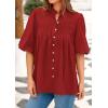 imagePRETTYGARDEN Womens 2025 Summer Short Lantern Sleeve Tops Loose Fit Button Down Shirt Pleated V Neck Blouses Trendy ClothesRed