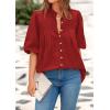 imagePRETTYGARDEN Womens 2025 Summer Short Lantern Sleeve Tops Loose Fit Button Down Shirt Pleated V Neck Blouses Trendy ClothesRed