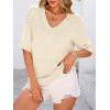 imagePRETTYGARDEN Womens Short Sleeve Sweater Tops 2025 Spring Summer Casual V Neck Ribbed Knit Trendy Eyelet Blouse T ShirtsApricot