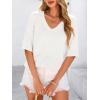 imagePRETTYGARDEN Womens Short Sleeve Sweater Tops 2025 Spring Summer Casual V Neck Ribbed Knit Trendy Eyelet Blouse T ShirtsBeige White