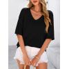 imagePRETTYGARDEN Womens Short Sleeve Sweater Tops 2025 Spring Summer Casual V Neck Ribbed Knit Trendy Eyelet Blouse T ShirtsBlack
