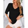 imagePRETTYGARDEN Womens Short Sleeve Sweater Tops 2025 Spring Summer Casual V Neck Ribbed Knit Trendy Eyelet Blouse T ShirtsBlack