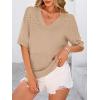 imagePRETTYGARDEN Womens Short Sleeve Sweater Tops 2025 Spring Summer Casual V Neck Ribbed Knit Trendy Eyelet Blouse T ShirtsDark Apricot