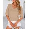 imagePRETTYGARDEN Womens Short Sleeve Sweater Tops 2025 Spring Summer Casual V Neck Ribbed Knit Trendy Eyelet Blouse T ShirtsDark Apricot