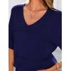 imagePRETTYGARDEN Womens Short Sleeve Sweater Tops 2025 Spring Summer Casual V Neck Ribbed Knit Trendy Eyelet Blouse T ShirtsDark Royal Blue