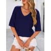 imagePRETTYGARDEN Womens Short Sleeve Sweater Tops 2025 Spring Summer Casual V Neck Ribbed Knit Trendy Eyelet Blouse T ShirtsDark Royal Blue