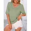 imagePRETTYGARDEN Womens Short Sleeve Sweater Tops 2025 Spring Summer Casual V Neck Ribbed Knit Trendy Eyelet Blouse T ShirtsMid Green
