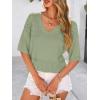 imagePRETTYGARDEN Womens Short Sleeve Sweater Tops 2025 Spring Summer Casual V Neck Ribbed Knit Trendy Eyelet Blouse T ShirtsMid Green