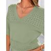 imagePRETTYGARDEN Womens Short Sleeve Sweater Tops 2025 Spring Summer Casual V Neck Ribbed Knit Trendy Eyelet Blouse T ShirtsMid Green