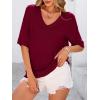 imagePRETTYGARDEN Womens Short Sleeve Sweater Tops 2025 Spring Summer Casual V Neck Ribbed Knit Trendy Eyelet Blouse T ShirtsWine Red