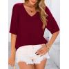 imagePRETTYGARDEN Womens Short Sleeve Sweater Tops 2025 Spring Summer Casual V Neck Ribbed Knit Trendy Eyelet Blouse T ShirtsWine Red
