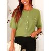 imagePRETTYGARDEN Womens Summer Button Down Shirts Casual Short Sleeve Crew Neck Ribbed Knit Blouse Top CardigansAvocado Green