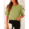 imagePRETTYGARDEN Womens Summer Button Down Shirts Casual Short Sleeve Crew Neck Ribbed Knit Blouse Top CardigansAvocado Green