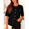 imagePRETTYGARDEN Womens Summer Button Down Shirts Casual Short Sleeve Crew Neck Ribbed Knit Blouse Top CardigansBlack