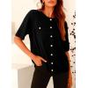imagePRETTYGARDEN Womens Summer Button Down Shirts Casual Short Sleeve Crew Neck Ribbed Knit Blouse Top CardigansBlack