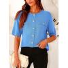 imagePRETTYGARDEN Womens Summer Button Down Shirts Casual Short Sleeve Crew Neck Ribbed Knit Blouse Top CardigansBlue