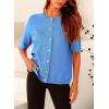 imagePRETTYGARDEN Womens Summer Button Down Shirts Casual Short Sleeve Crew Neck Ribbed Knit Blouse Top CardigansBlue