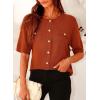 imagePRETTYGARDEN Womens Summer Button Down Shirts Casual Short Sleeve Crew Neck Ribbed Knit Blouse Top CardigansBrick Red