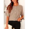 imagePRETTYGARDEN Womens Summer Button Down Shirts Casual Short Sleeve Crew Neck Ribbed Knit Blouse Top CardigansCamel