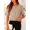 imagePRETTYGARDEN Womens Summer Button Down Shirts Casual Short Sleeve Crew Neck Ribbed Knit Blouse Top CardigansCamel