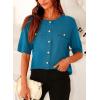 imagePRETTYGARDEN Womens Summer Button Down Shirts Casual Short Sleeve Crew Neck Ribbed Knit Blouse Top CardigansCyan