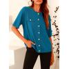 imagePRETTYGARDEN Womens Summer Button Down Shirts Casual Short Sleeve Crew Neck Ribbed Knit Blouse Top CardigansCyan
