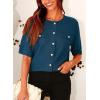 imagePRETTYGARDEN Womens Summer Button Down Shirts Casual Short Sleeve Crew Neck Ribbed Knit Blouse Top CardigansDark Blue