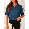 imagePRETTYGARDEN Womens Summer Button Down Shirts Casual Short Sleeve Crew Neck Ribbed Knit Blouse Top CardigansDark Blue