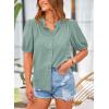 imagePRETTYGARDEN Womens Summer Button Down Shirts Short Lantern Sleeve V Neck Cotton Cute Dressy Casual Ladies Tops BlousesAqua Blue