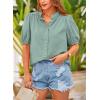imagePRETTYGARDEN Womens Summer Button Down Shirts Short Lantern Sleeve V Neck Cotton Cute Dressy Casual Ladies Tops BlousesAqua Blue