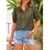 imagePRETTYGARDEN Womens Summer Button Down Shirts Short Lantern Sleeve V Neck Cotton Cute Dressy Casual Ladies Tops BlousesArmy Green