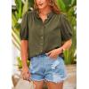 imagePRETTYGARDEN Womens Summer Button Down Shirts Short Lantern Sleeve V Neck Cotton Cute Dressy Casual Ladies Tops BlousesArmy Green