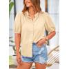 imagePRETTYGARDEN Womens Summer Button Down Shirts Short Lantern Sleeve V Neck Cotton Cute Dressy Casual Ladies Tops BlousesBeige