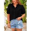 imagePRETTYGARDEN Womens Summer Button Down Shirts Short Lantern Sleeve V Neck Cotton Cute Dressy Casual Ladies Tops BlousesBlack