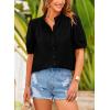 imagePRETTYGARDEN Womens Summer Button Down Shirts Short Lantern Sleeve V Neck Cotton Cute Dressy Casual Ladies Tops BlousesBlack