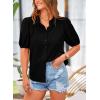 imagePRETTYGARDEN Womens Summer Button Down Shirts Short Lantern Sleeve V Neck Cotton Cute Dressy Casual Ladies Tops BlousesBlack