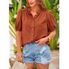 imagePRETTYGARDEN Womens Summer Button Down Shirts Short Lantern Sleeve V Neck Cotton Cute Dressy Casual Ladies Tops BlousesBrick Red