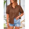 imagePRETTYGARDEN Womens Summer Button Down Shirts Short Lantern Sleeve V Neck Cotton Cute Dressy Casual Ladies Tops BlousesBrown
