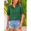 imagePRETTYGARDEN Womens Summer Button Down Shirts Short Lantern Sleeve V Neck Cotton Cute Dressy Casual Ladies Tops BlousesDark Green