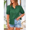 imagePRETTYGARDEN Womens Summer Button Down Shirts Short Lantern Sleeve V Neck Cotton Cute Dressy Casual Ladies Tops BlousesDark Green