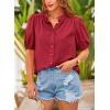 imagePRETTYGARDEN Womens Summer Button Down Shirts Short Lantern Sleeve V Neck Cotton Cute Dressy Casual Ladies Tops BlousesDark Red